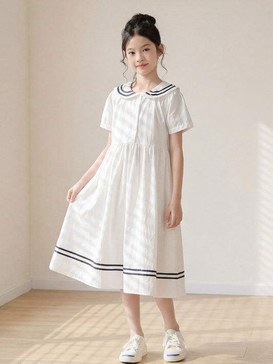 Summer Arrival Short Sleeves Navy Collar Preppy Dress for Stylish Girls