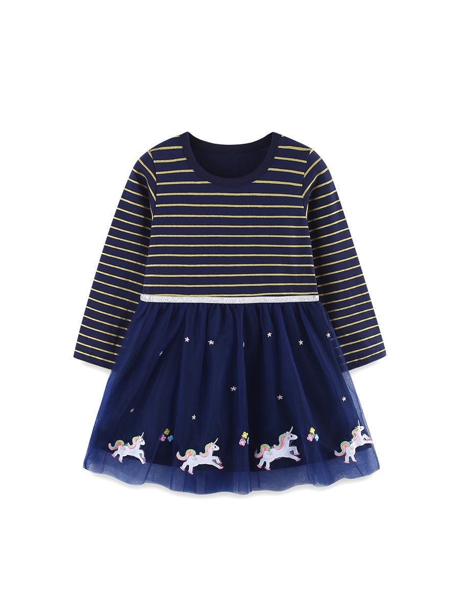 Autumn and Spring Arrival Striped Pattern Long Sleeves Tulle Patchwork Dress for Stylish Girls