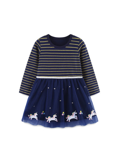 Autumn and Spring Arrival Striped Pattern Long Sleeves Tulle Patchwork Dress for Stylish Girls