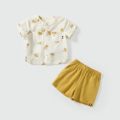 Summer Baby Kids Casual Cartoon Face Pattern Short Sleeves Top Shirt with Shorts Clothing Set for Boys, MyKids-USA®, Baby & Toddler Outfits, MyKids-USA - Size/Age - 80 (9-12M) - Color - Beige -  -  - TR2505011742-A