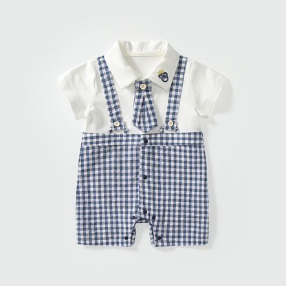 Summer Arrival Baby Boys Short Sleeves Cute Plaid Pattern Preppy Style Rompers, MyKids-USA®, Baby One-Pieces, MyKids-USA - Size/Age - 66 (3-6M) - Color - Blue -  -  - TR2504291932-A