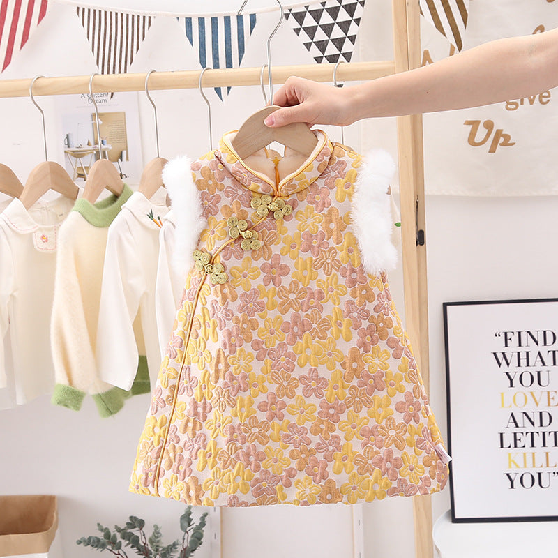 Autumn and Winter Arrival Baby Girls Fleece Sleeveless Floral Warm Dress, MyKids-USA®, Baby & Toddler Dresses, MyKids-USA - Size/Age - 80 (9-12M) - Color - Yellow -  -  - TR2411091939-A