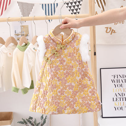 Autumn and Winter Arrival Baby Girls Fleece Sleeveless Floral Warm Dress, MyKids-USA®, Baby & Toddler Dresses, MyKids-USA - Size/Age - 80 (9-12M) - Color - Yellow -  -  - TR2411091939-A