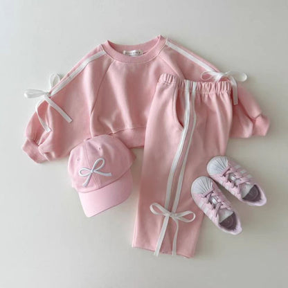 Autumn Baby Kids Girls Casual Bows Tied Pullover And Pants Clothing Set