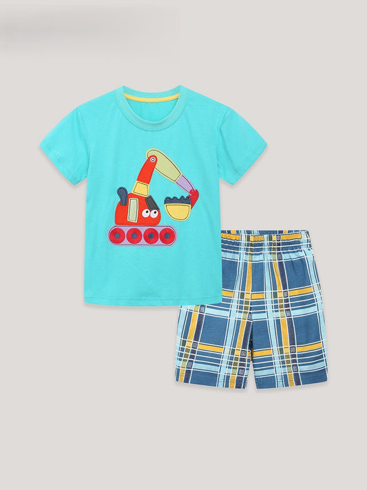 Arrival Summer Baby Kids Boys Short Sleeves Cartoon Pattern T-shirt and Plaid Shorts Clothing Set