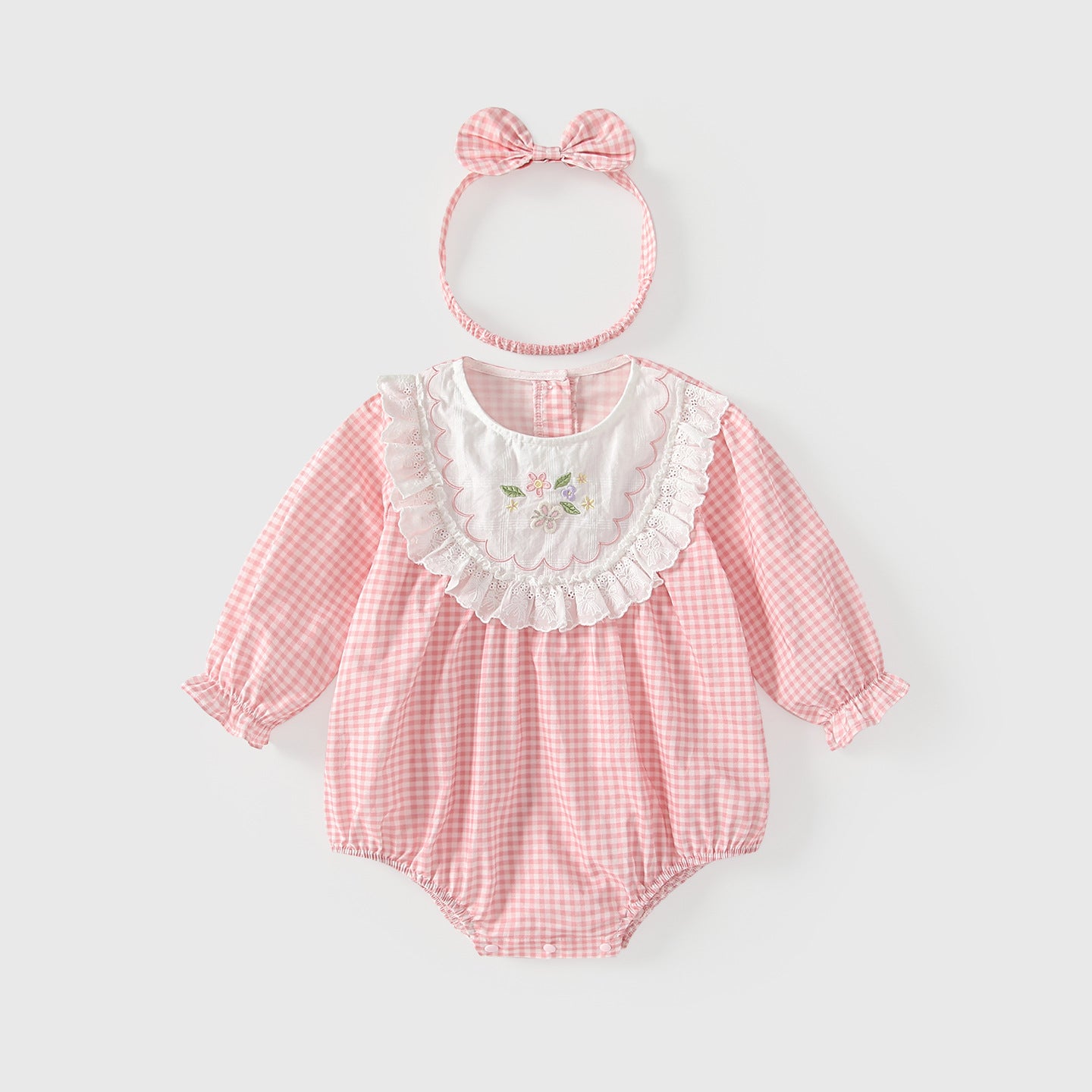 Arrival Spring Baby Girls Flowers Embroidery Long Sleeves Plaid Bodysuit, MyKids-USA®, Bodysuits, MyKids-USA - Size/Age - 66 (3-6M) - Color - Light Pink -  -  - TR2601052108-A.