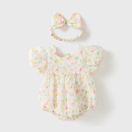 Summer New Arrival Baby Girls Colorful Floral Pattern Short Puff Sleeves Square Neck Sweet Cute Onesies