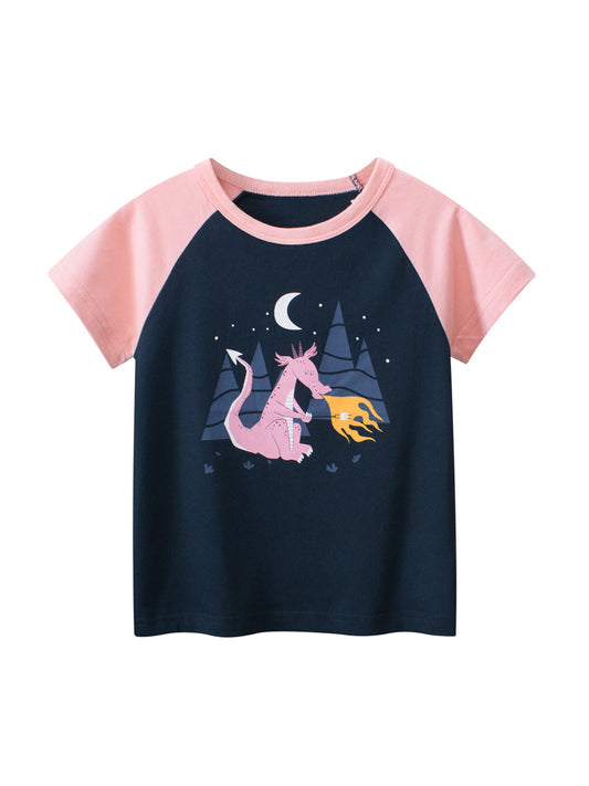 Cartoon Dragon Print Girls’ T-Shirt In European And American Style For Summer
