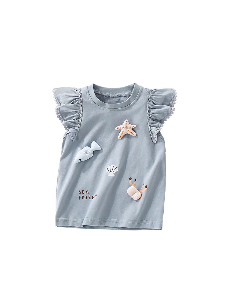 Summer Girls’ Cartoon Marine Animals Pattern Fly Sleeves Top Shirt in European and American Style, MyKids-USA®, Baby & Toddler Tops, MyKids-USA -  -  -  -  -  -  - 