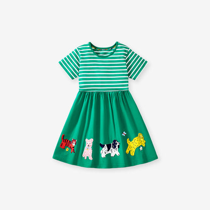 Summer Animals Pattern Short-sleeved Green Dress with Striped Pattern for Stylish Girls, MyKids-USA®, Baby & Toddler Dresses, MyKids-USA - Size/Age - 90 (12-24M) - Color - Green -  -  - TR2501082325-A