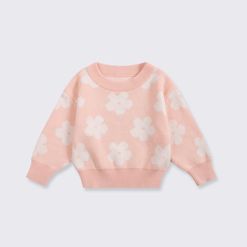 Autumn and Spring Hot Selling Flowers Pattern Long Sleeves Pink Knitted Pullover for Stylish Girls