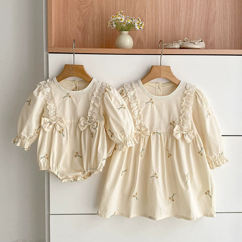 Autumn Baby Girls French Style Butterfly-bow Decorated Flowers Pattern Embroidered Long-sleeved Onesies and Dress – Princess Sister Matching Set, MyKids-USA®, Baby & Toddler Outfits, MyKids-USA -  -  -  -  -  -  - 