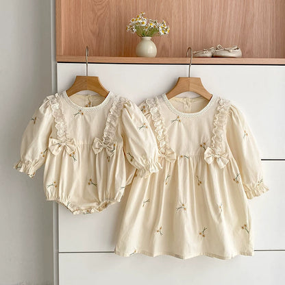 Autumn Baby Girls French Style Butterfly-bow Decorated Flowers Pattern Embroidered Long-sleeved Onesies and Dress – Princess Sister Matching Set, MyKids-USA®, Baby & Toddler Outfits, MyKids-USA -  -  -  -  -  -  - 