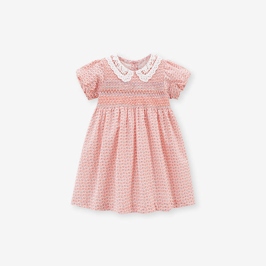 Summer Baby Kids Girls Short Sleeves Lace Collar Print Dress