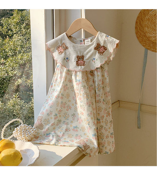 Summer Baby Kids Girls Sleeveless Teddy Bear and Flowers Pattern Dress, MyKids-USA®, Baby & Toddler Dresses, MyKids-USA - Size/Age - 90 (12-24M) - Color - Beige -  -  - TR2503072222-A