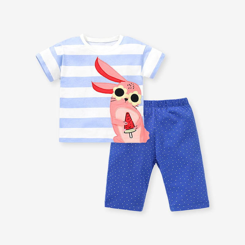 Summer Baby Kids Girls Rabbit Cartoon Striped Top And Shorts Casual Clothing Set