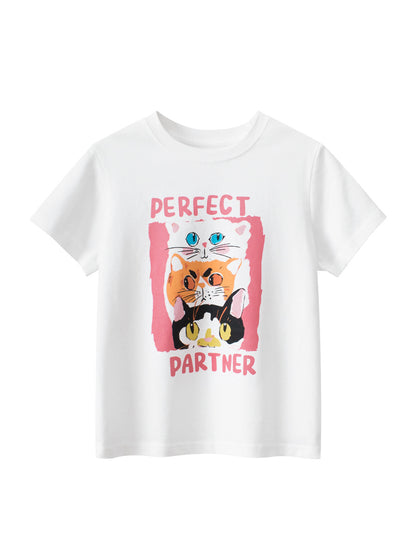 Girls’ Catty Friends Cartoon Print Short Sleeves T-Shirt In European And American Style For Summer