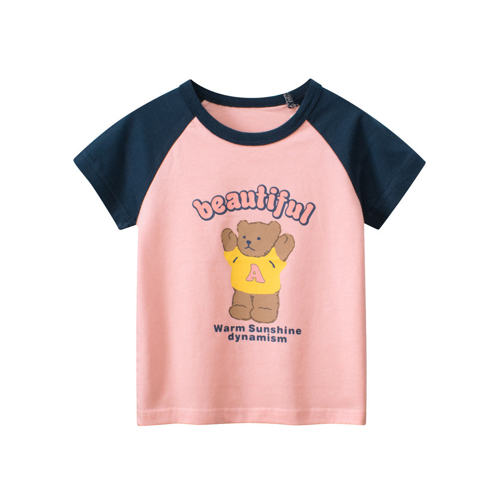 Cute Bear Print Girls’ Patchwork T-Shirt For Summer