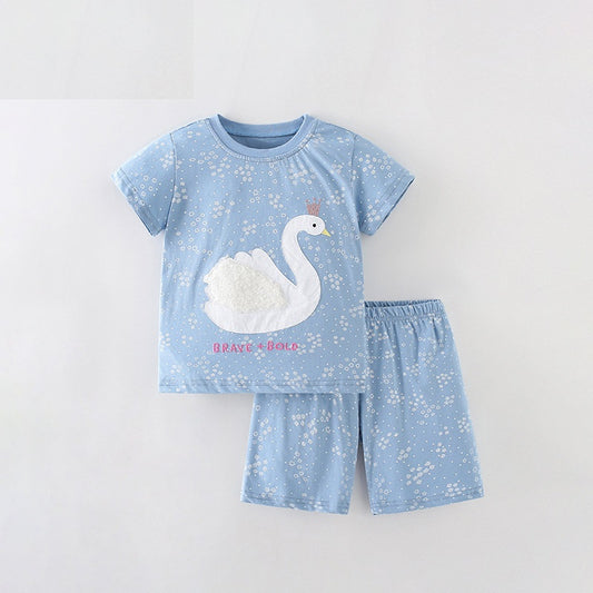 Summer Baby Kids Girls Swan Cartoon Pattern Short Sleeves T-Shirt And Shorts Casual Clothing Set