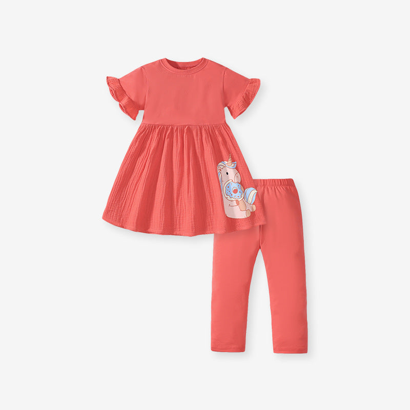 Summer Baby Kids Girls Unicorn Pattern Orange Dress And Pants Clothing Set