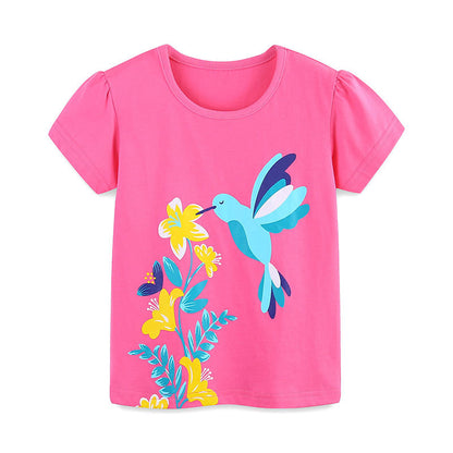Summer Girls’ Flowers and Bird Cartoon Pattern T-shirt in European and American Style, MyKids-USA®, Baby & Toddler Tops, MyKids-USA -  -  -  -  -  -  - 