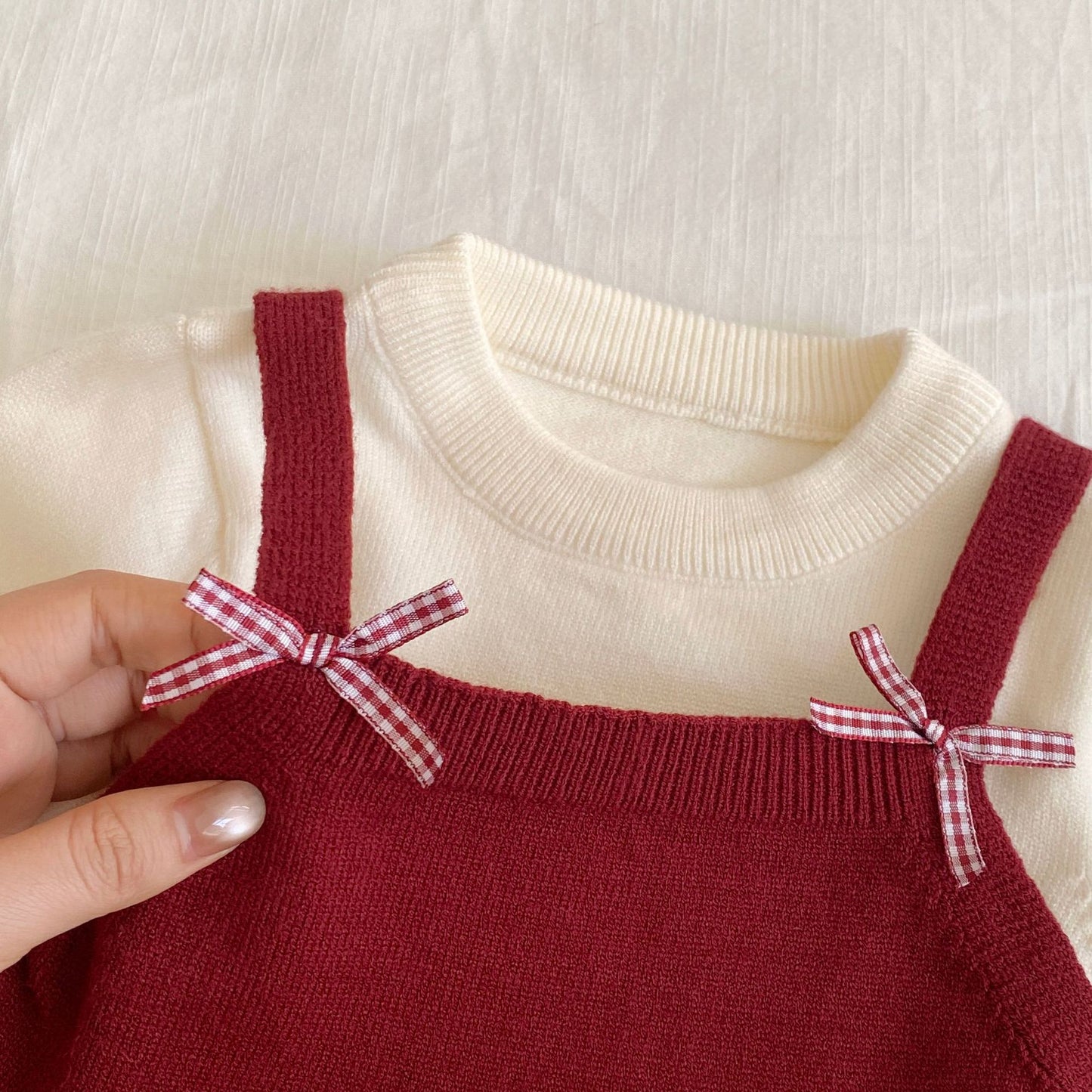 Winter and Spring Baby Kids Girls Long Sleeves Color Patchwork Pullover and Cartoon Pattern Pants Knitted Clothing Set