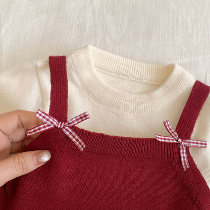 Winter and Spring Baby Kids Girls Long Sleeves Color Patchwork Pullover and Cartoon Pattern Pants Knitted Clothing Set