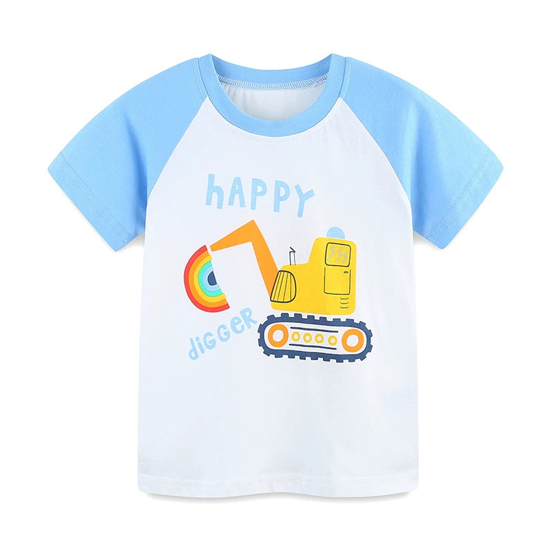 Summer Boys’ Excavator and Rainbow Cartoon Pattern T-shirt in European and American Style, MyKids-USA®, Baby & Toddler Tops, MyKids-USA - Size/Age - 90 (12-24M) - Color - Blue -  -  - TR2505241918-A