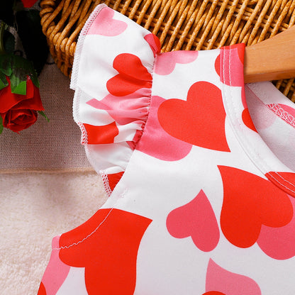 Summer Baby Kids Girls Fly Sleeves Hearts Pattern Red Dress