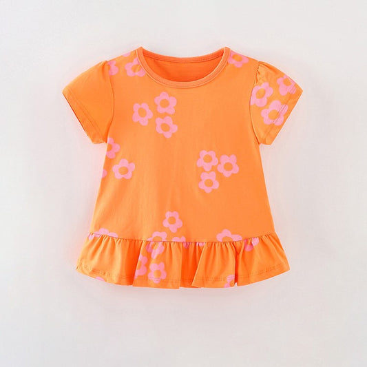 Summer New Arrival Baby Girl Floral Graphic Ruffle Hem Design Short Sleeves Comfy T-Shirt