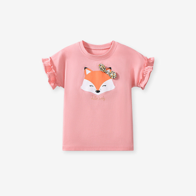 Girls’ Cute Fox Cartoon Pattern Short Sleeves T-shirt in European and American Style for Summer, MyKids-USA®, Baby & Toddler Tops, MyKids-USA -  -  -  -  -  -  - 