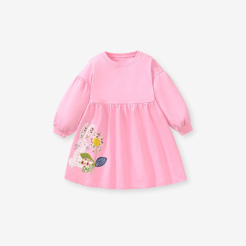 New Arrival Autumn Girls Long Sleeves Flowers And Rabbit Pattern Crew Neck Dress