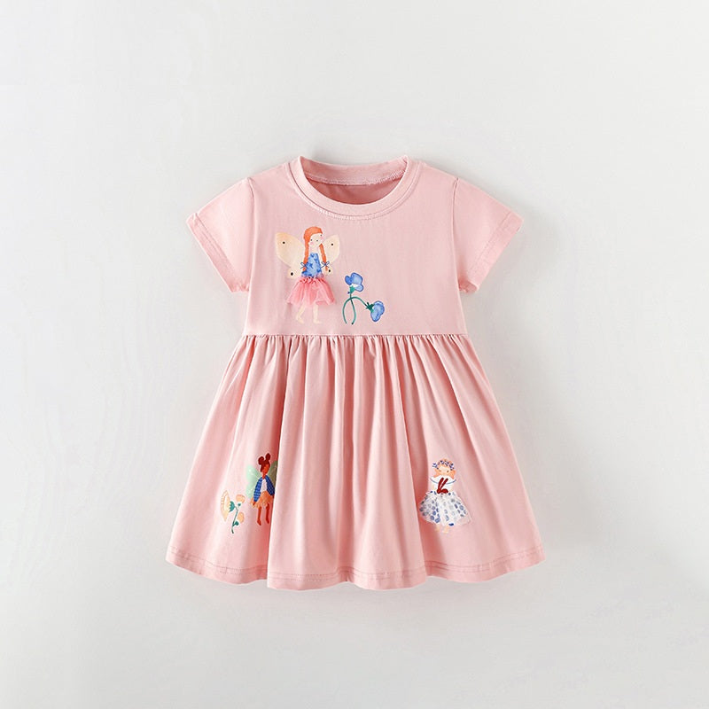 Summer Baby Kids Girls Short Sleeves Flowers and Cartoon Pattern Dress