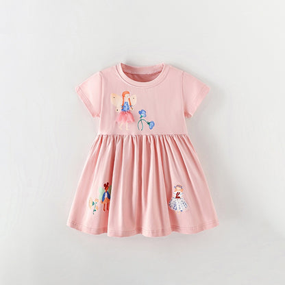 Summer Baby Kids Girls Short Sleeves Flowers and Cartoon Pattern Dress
