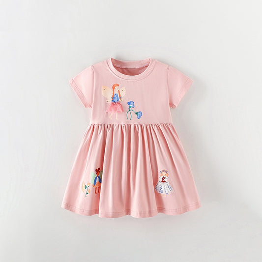 Summer Baby Kids Girls Short Sleeves Flowers and Cartoon Pattern Dress