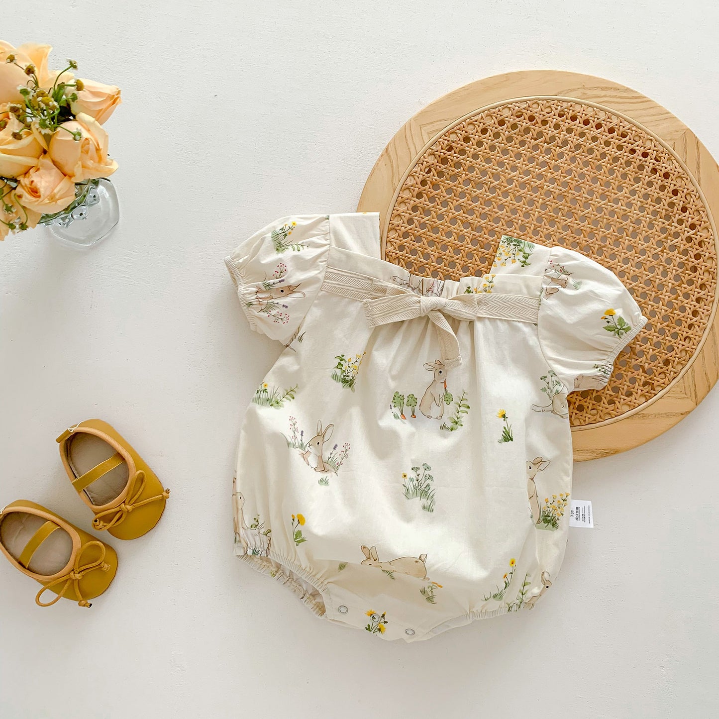 Summer Hot Selling Baby Girls Short Sleeves Square Neck Rabbits/Polka Dots Print Onesie, MyKids-USA®, Baby One-Pieces, MyKids-USA - Size/Age - 66 (3-6M) - Color - Beige -  -  - TR2404111521-A