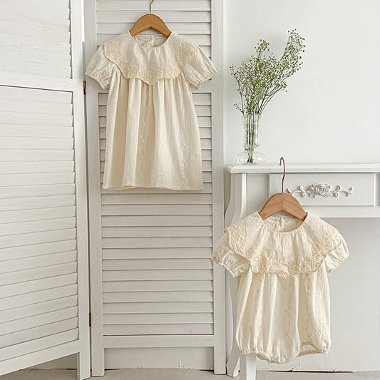 Summer Girls Solid Color Simple Floral Embroidery Big Collar Onesies And Dress – Princess Sister Matching Set, MyKids-USA®, Baby & Toddler Outfits, MyKids-USA -  -  -  -  -  -  - 