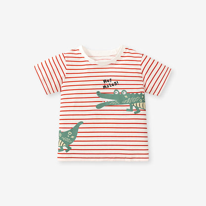 Alligator Cartoon Printing Unisex Kids Striped T-Shirt In European And American Style For Summer