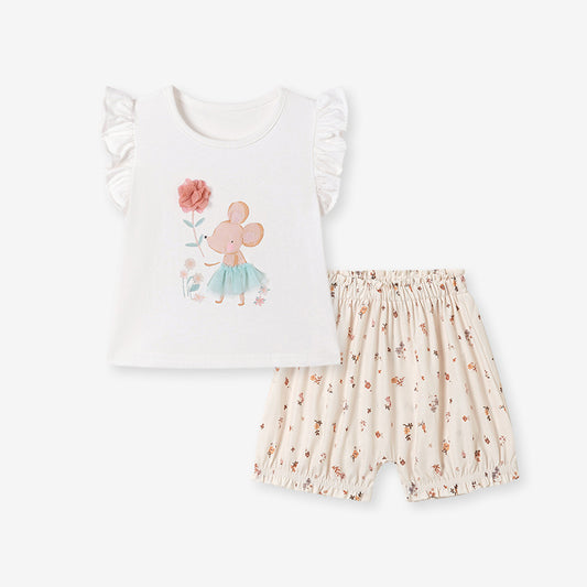 Summer Hot Selling Baby Kids Girls Fly Sleeves Cartoon Pattern T-shirt and Floral Shorts Clothing Set