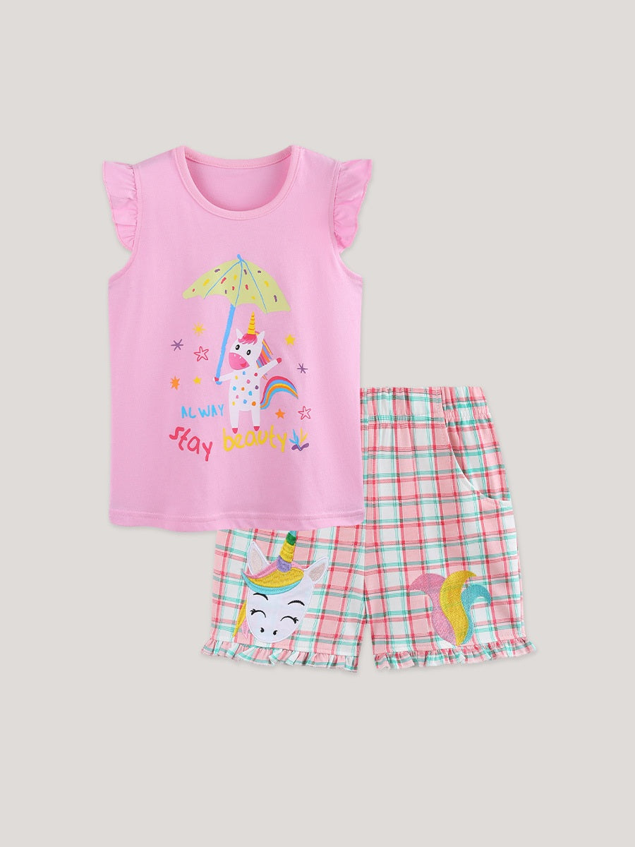 Arrival Summer Baby Kids Girls Fly Sleeves Cartoon Pattern Vest and Plaid Shorts Clothing Set