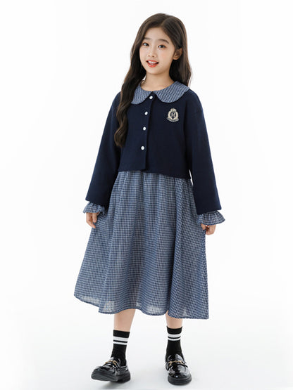 Arrival Autumn Kids Girls Long Sleeves Houndstooth Dress and Preppy Coat Clothing Set
