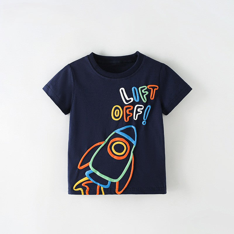 Summer Boys’ Cartoon and Letters Pattern T-shirt