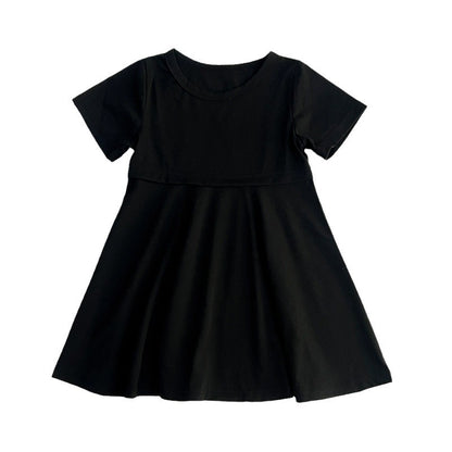 Summer Hot Selling Girls’ Solid Color Black Short Sleeves Slim Fit Dress