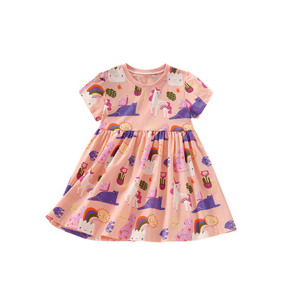 Summer Arrival Cartoon Unicorns Pattern Short Sleeves Dress for Stylish Girls, MyKids-USA®, Baby & Toddler Dresses, MyKids-USA - Size/Age - 120 (5-7Y) - Color - Pink -  -  - TR2505241653-A