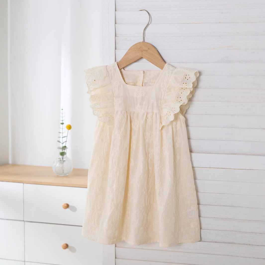 Summer Arrival Solid Color Flowers Pattern Fly Sleeves Dress for Stylish Girls, MyKids-USA®, Baby & Toddler Dresses, MyKids-USA - Size/Age - 90 (12-24M) - Color - Beige -  -  - TR2503062231-A
