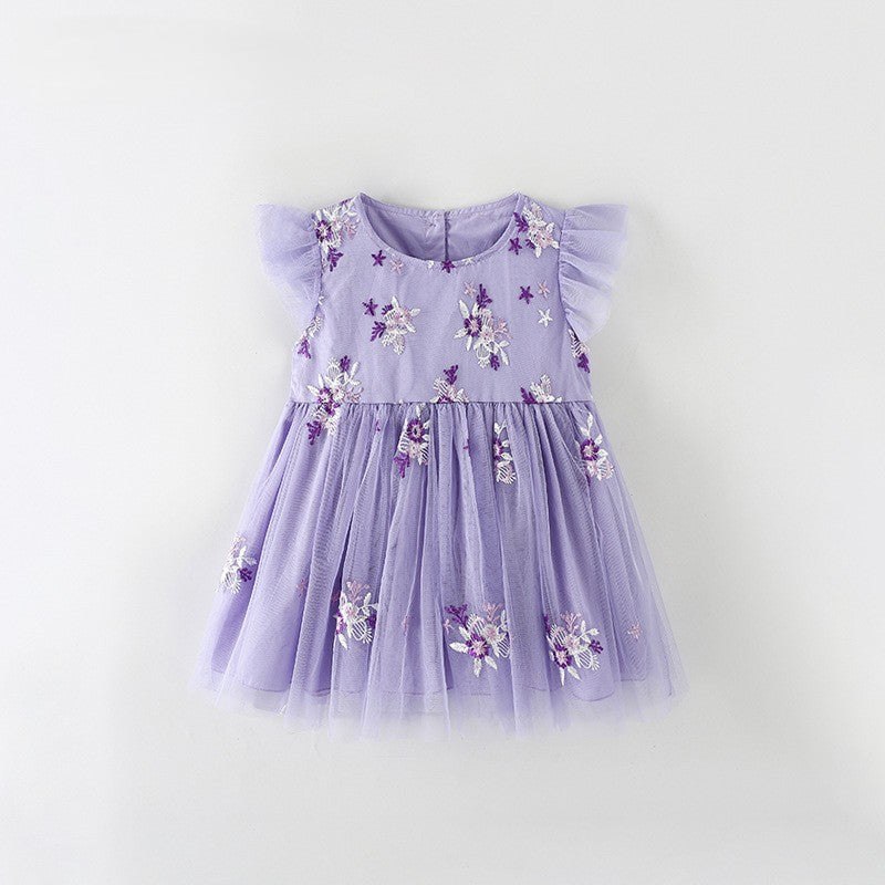 Summer Baby Kids Girls Fly Sleeves Flowers Embroidered Pattern Dress, MyKids-USA®, Baby & Children's Dresses, MyKids-USA - Size/Age - 100 (2-3Y) - Color - Purple -  -  - TR2606022355-A.