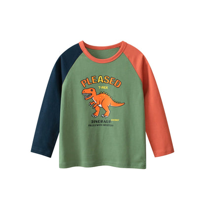 Autumn Baby Kids Boys Letters and Dinosaur Print Color Patchwork Long Sleeves Crew Neck Base Top Shirt, MyKids-USA®, Baby & Toddler Tops, MyKids-USA - Size/Age - 90 (12-24M) - Color - Green -  -  - TR2507242051-A