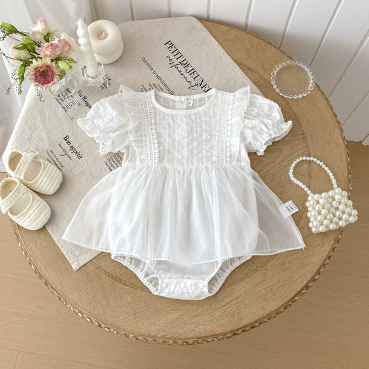 Summer Arrival Baby Girls Short Sleeves Solid Color Tulle Decorated Onesies with Embroidery Pattern, MyKids-USA®, Baby One-Pieces, MyKids-USA - Size/Age - 66 (3-6M) - Color - White -  -  - TR2506192017-A