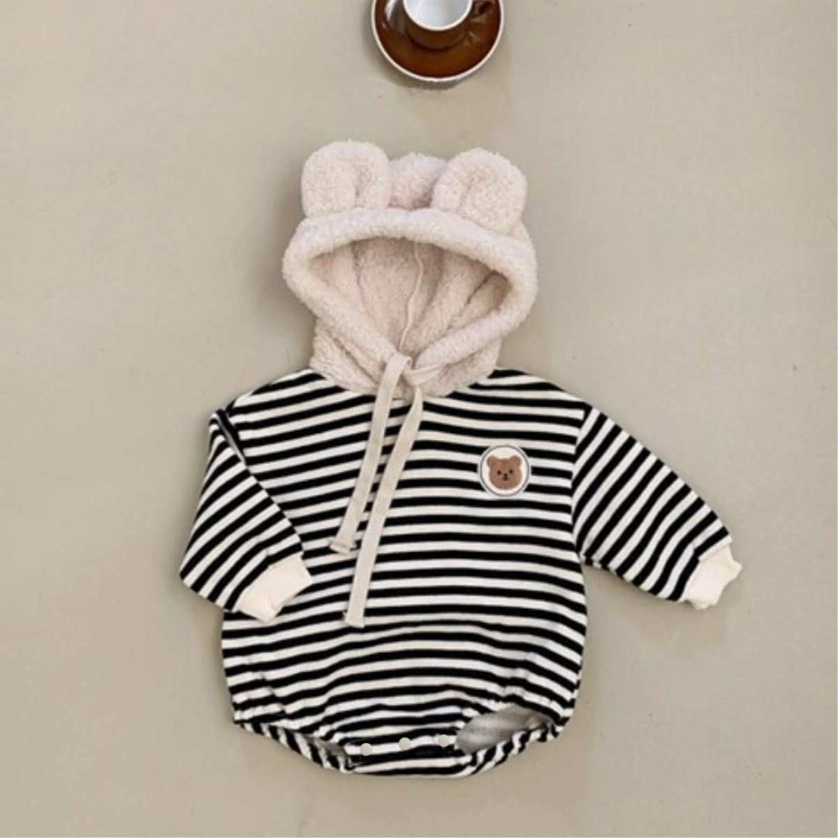 Arrival Winter and Spring Baby Unisex Striped and Teddy Bear Pattern Onesies with Fluffy Hood, MyKids-USA®, Baby One-Pieces, MyKids-USA - Size/Age - 66 (3-6M) - Color - Beige -  -  - TR2601071341-A.