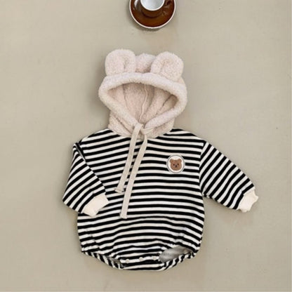 Arrival Winter and Spring Baby Unisex Striped and Teddy Bear Pattern Onesies with Fluffy Hood, MyKids-USA®, Baby One-Pieces, MyKids-USA - Size/Age - 66 (3-6M) - Color - Beige -  -  - TR2601071341-A.